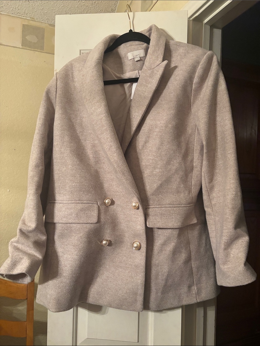 LOFT Double-Breasted Pearl-Button Heathered Beige Blazer